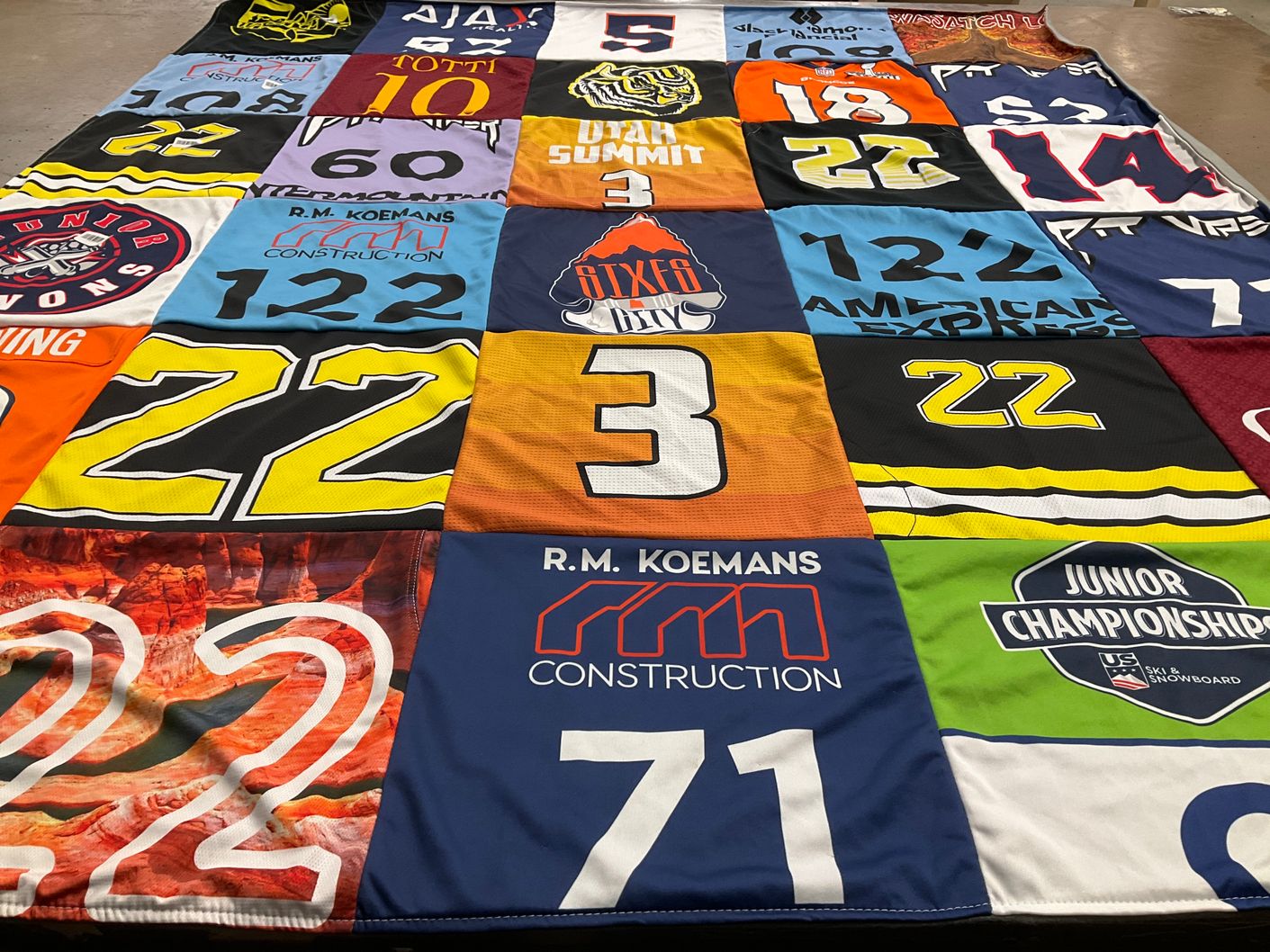 T-shirt quilt with skiing, snowboarding themes by jennifer from UT
