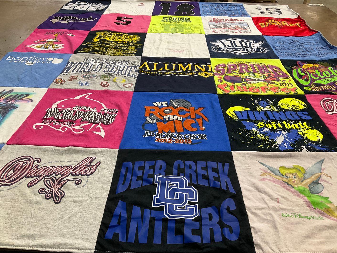 T-shirt quilt featuring deer creek high school antlers, vikings softball by Trent from TX