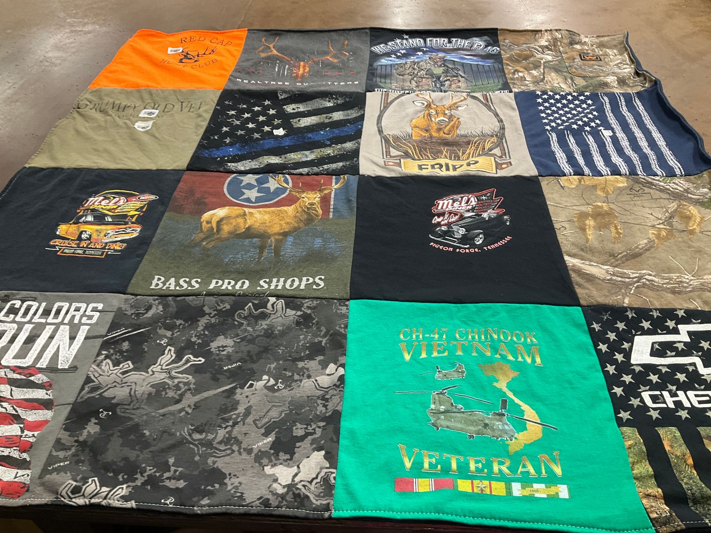 T-shirt quilt with hunting, automobiles themes by Sharon from FL