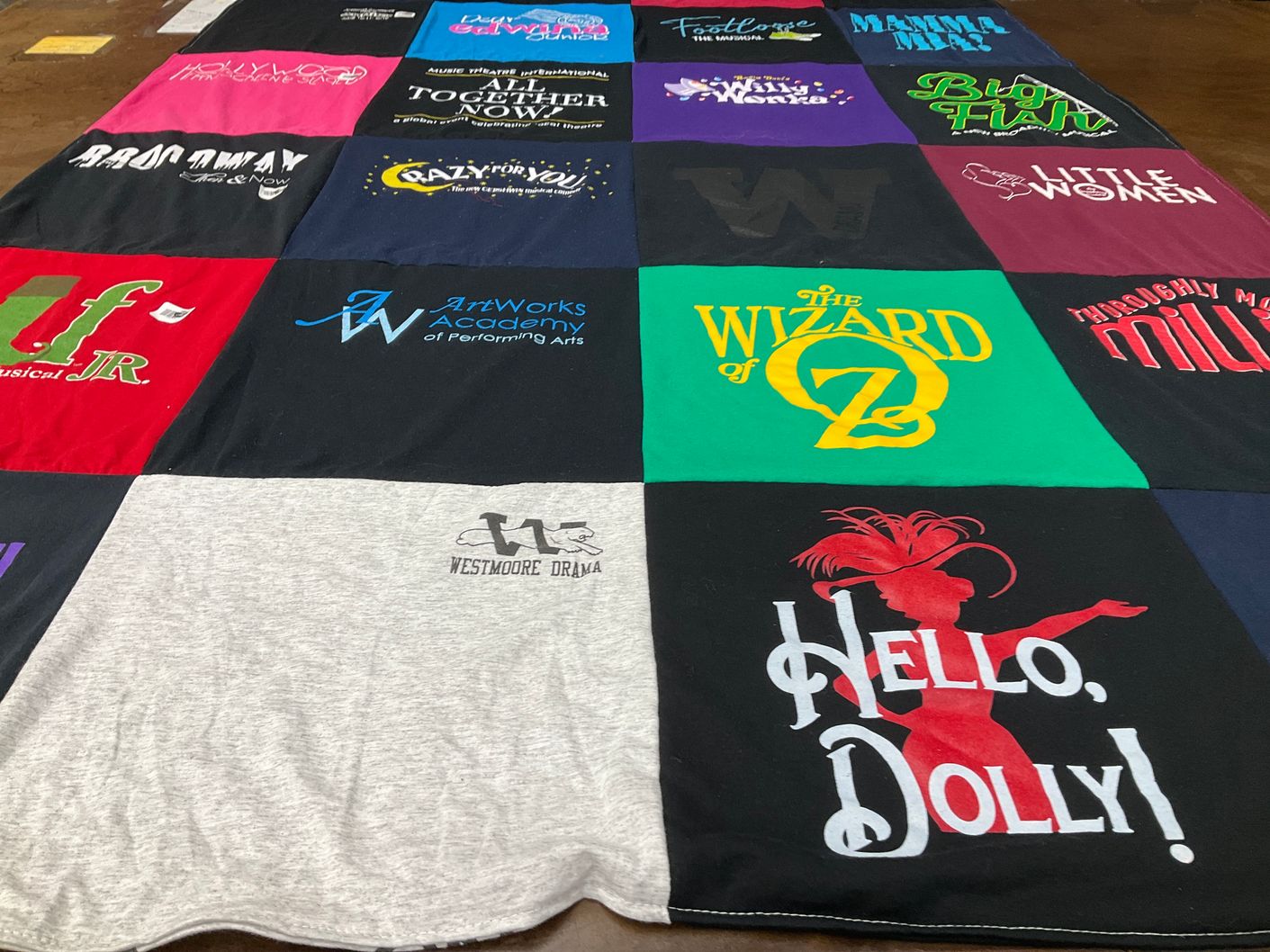 T-shirt quilt with theater, performing arts themes by Sophia from OK