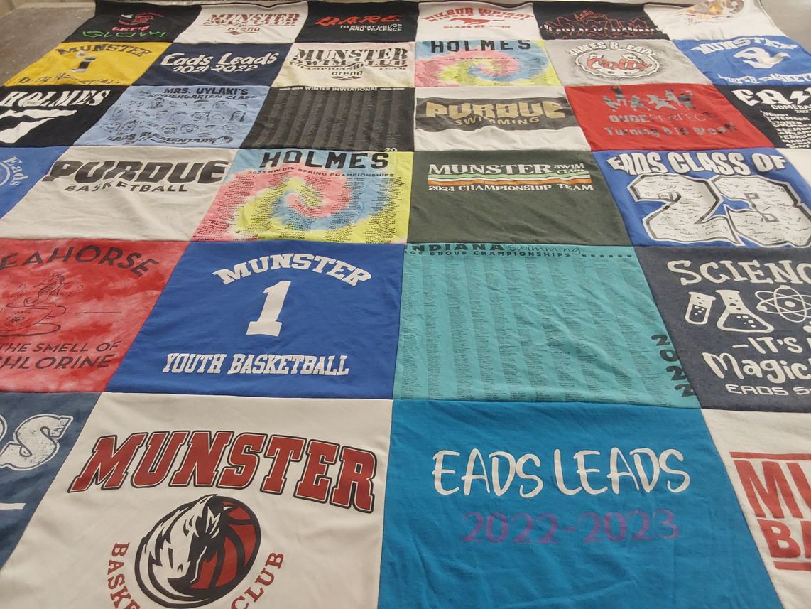 T-shirt quilt featuring munster youth basketball, munster swim team by Audra from IN