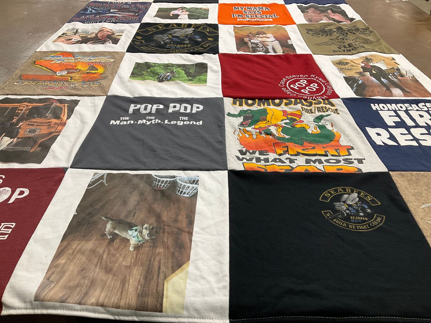 T-shirt quilt with firefighting, dogs themes by Gail from SC