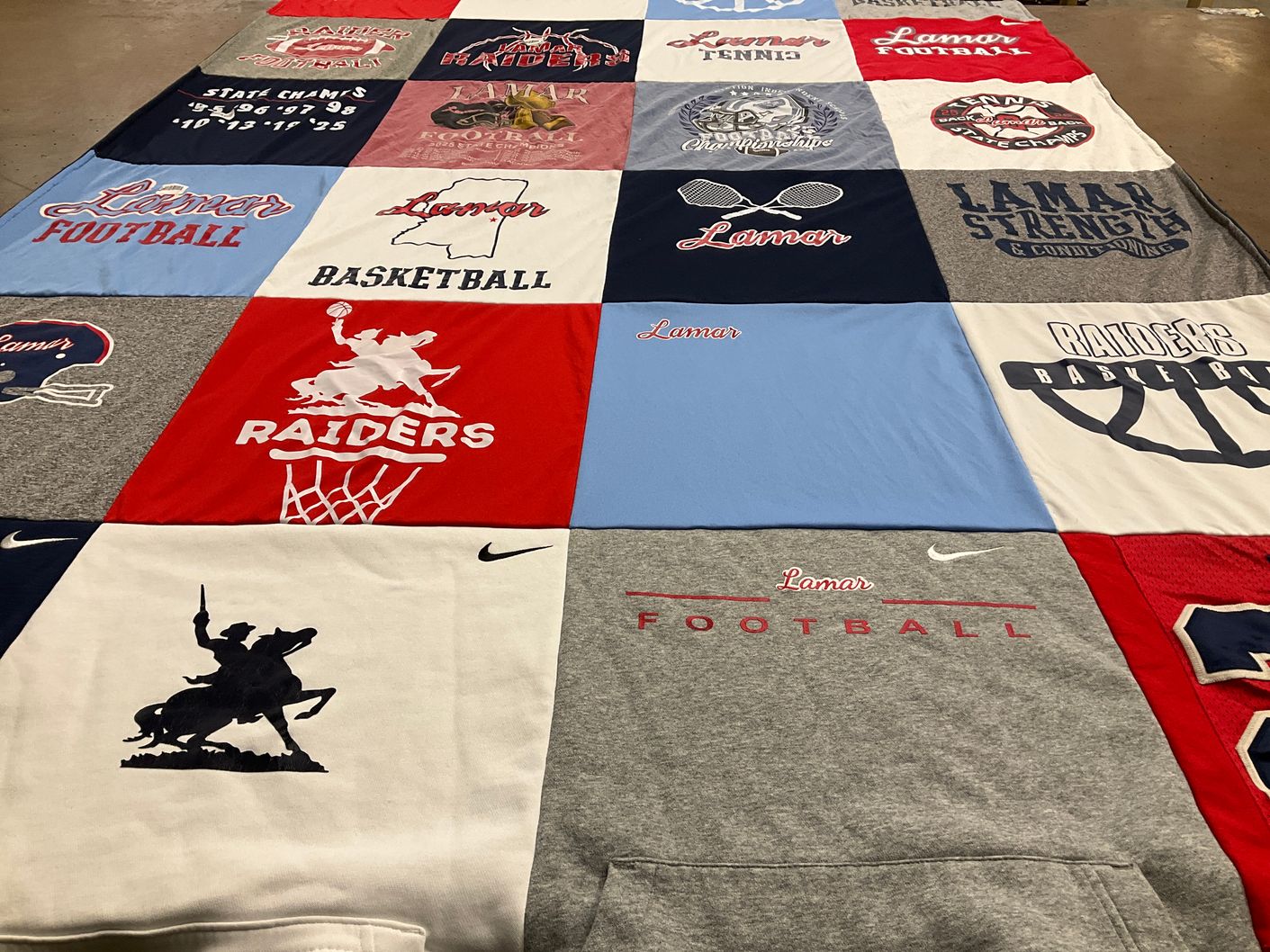 T-shirt quilt featuring raiders basketball, lamar football by Marion from MS