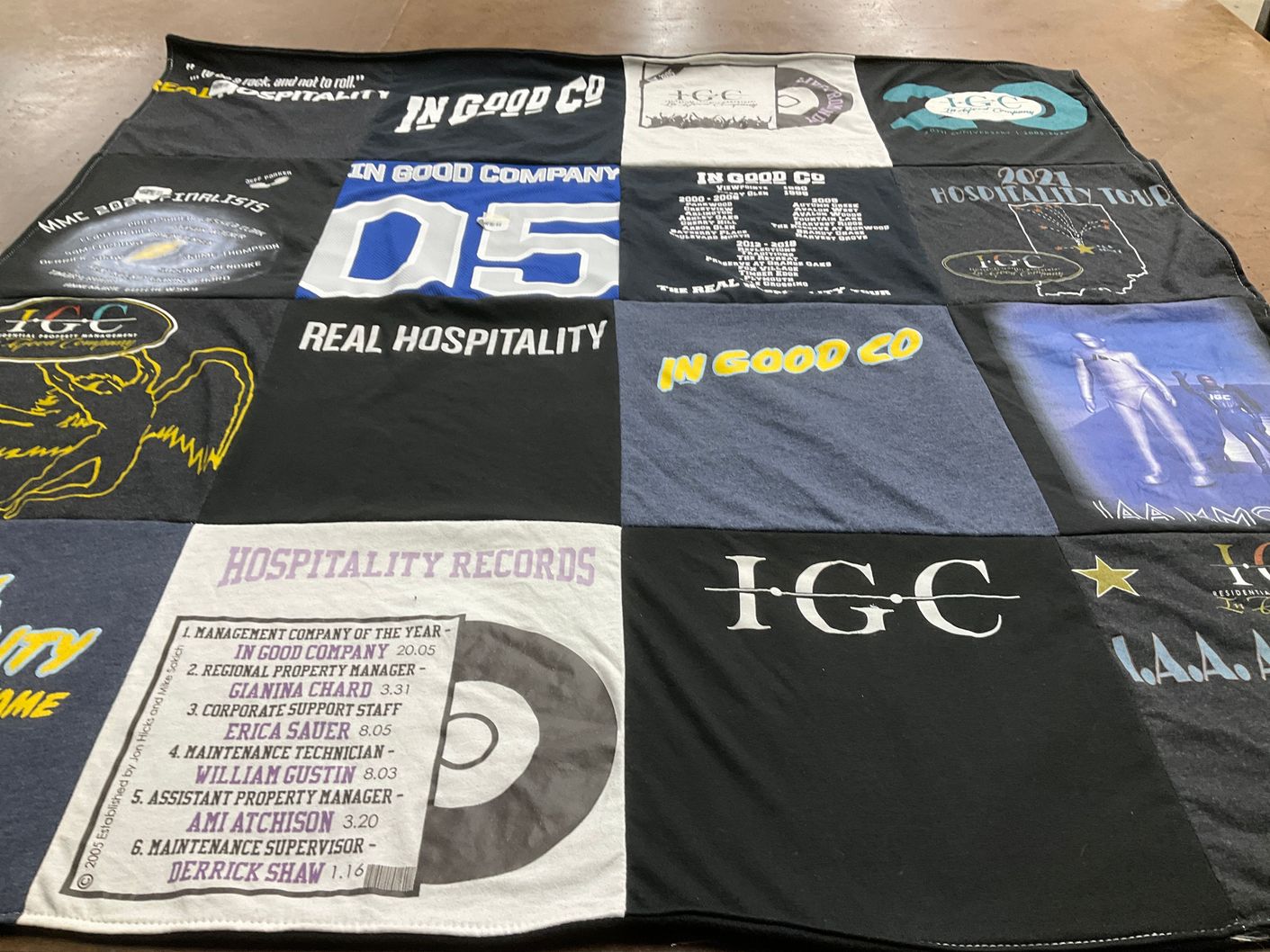 T-shirt quilt with hospitality themes by Amy from IN