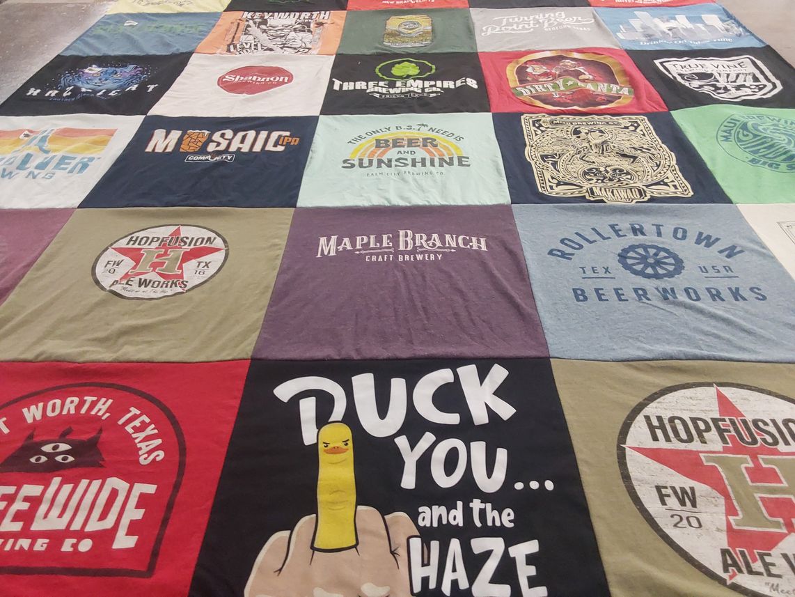 T-shirt quilt with craft beer, brewing themes by Jacquelyn from TX