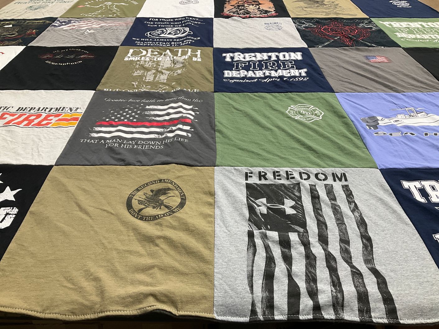 T-shirt quilt with firefighting, patriotism themes by David from FL