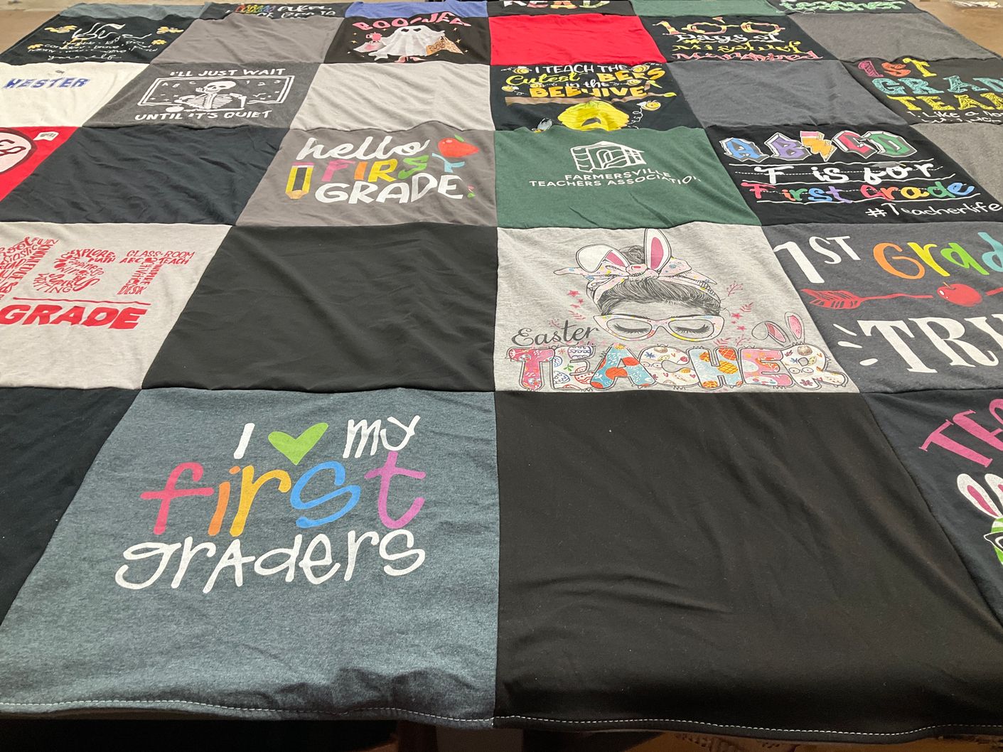 T-shirt quilt with teaching, education themes by Lori from CA