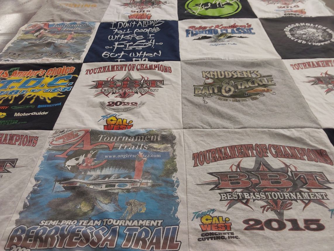 T-shirt quilt with fishing, tournaments themes by Andrea from CA