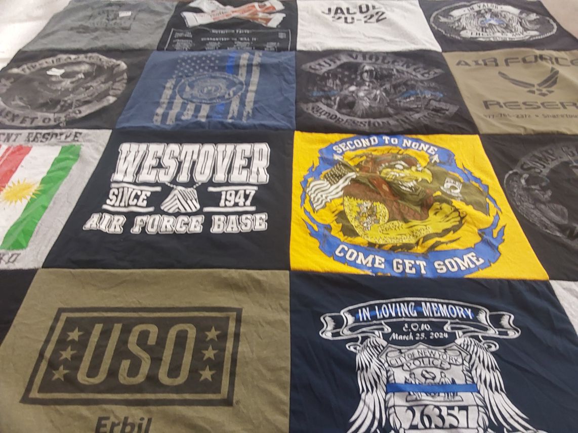 T-shirt quilt with military, veterans themes by Alejandra from FL