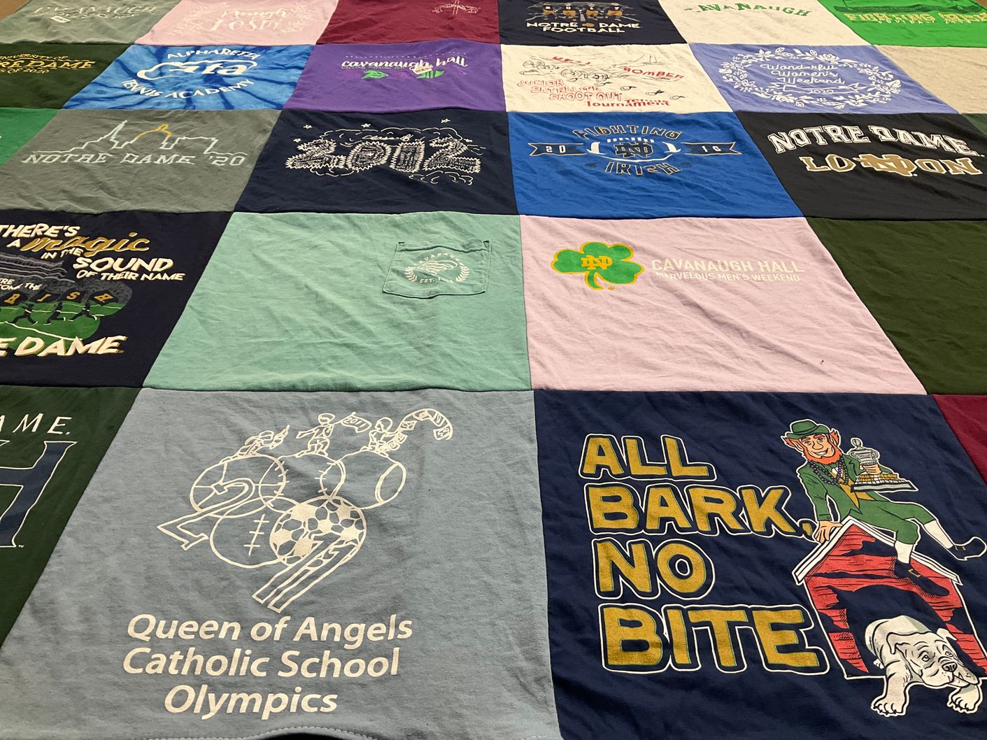 T-shirt quilt from notre dame university, queen of angels catholic school by Megan from GA