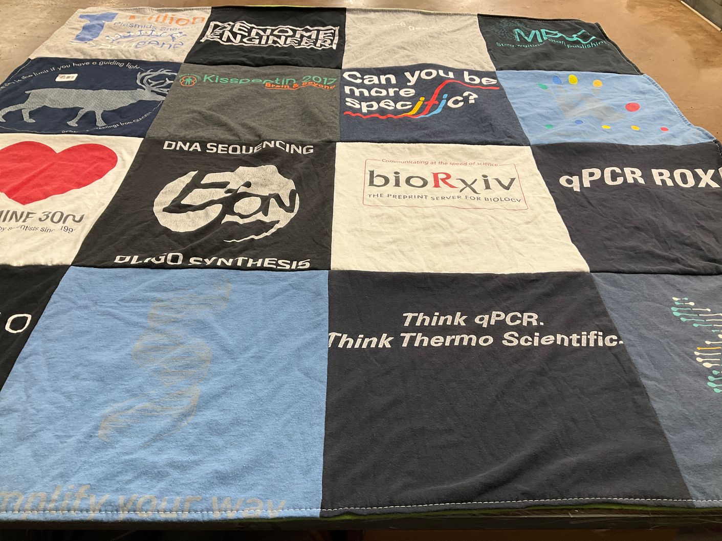 T-shirt quilt with biology, science themes by Liza from CA