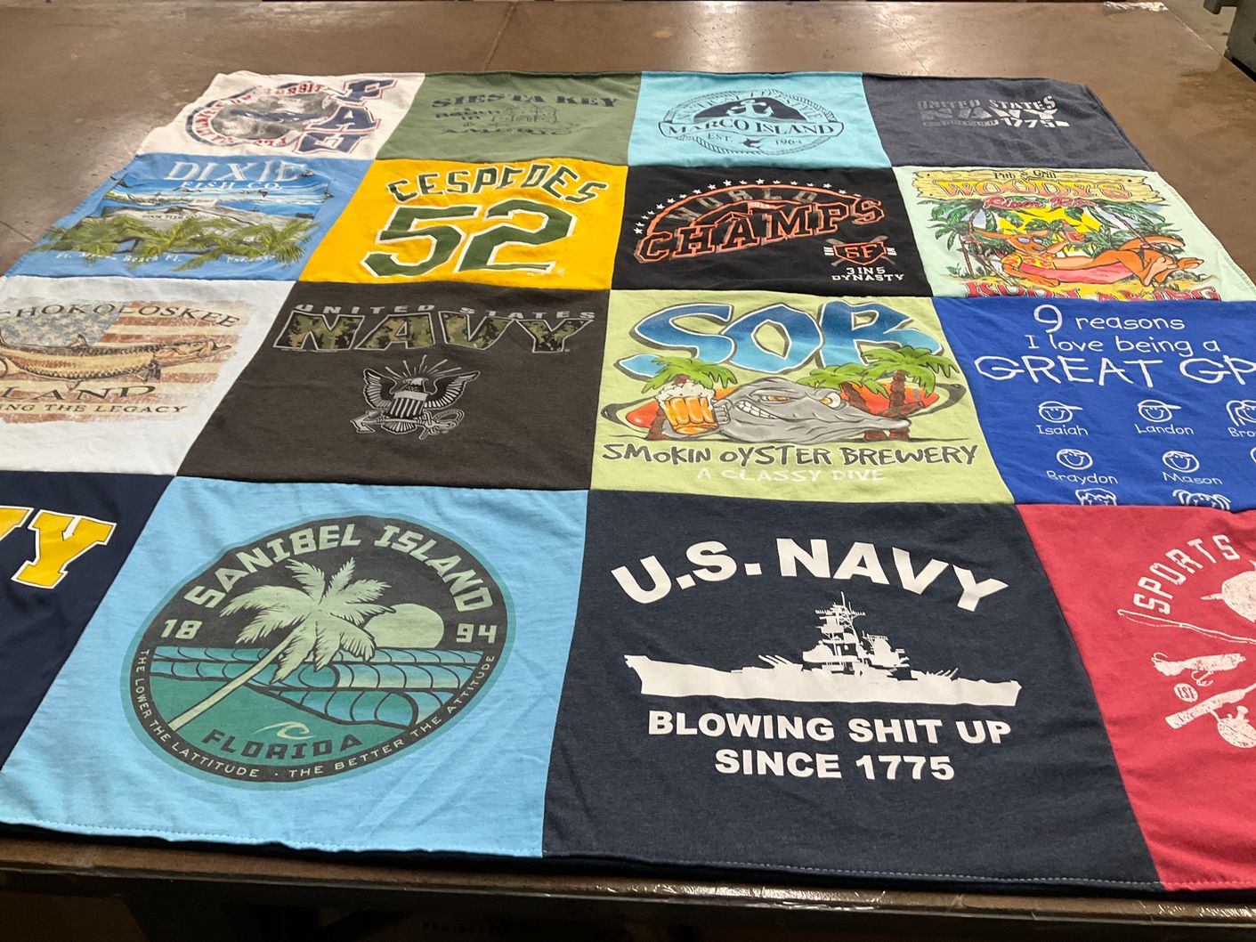 T-shirt quilt with military, breweries themes by Melissa from CA
