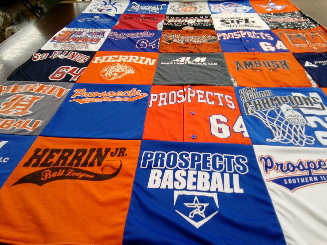 T-shirt quilt with baseball, sports themes by Kevin from IL