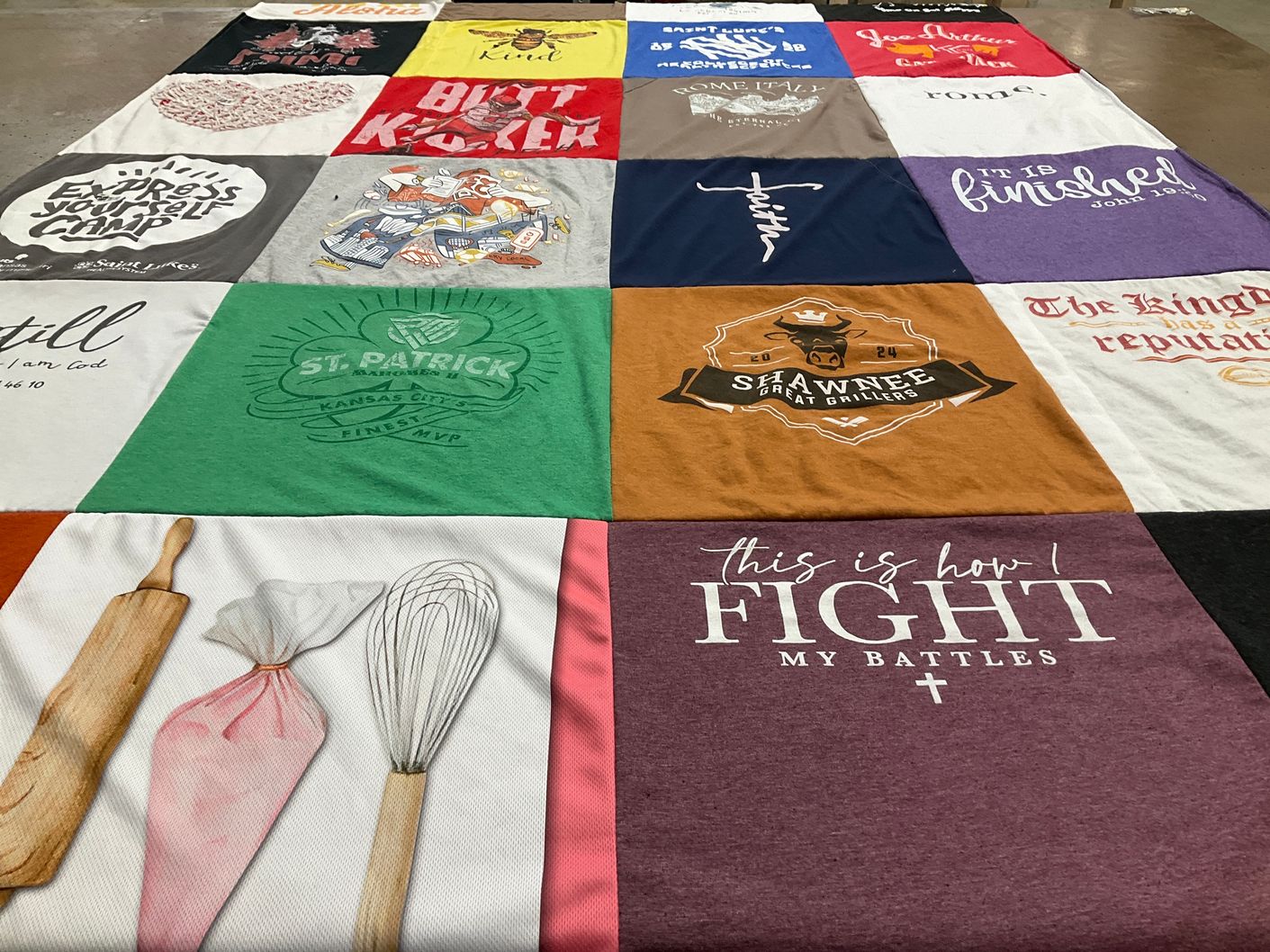 T-shirt quilt with cooking, baking themes by Tracy from KS