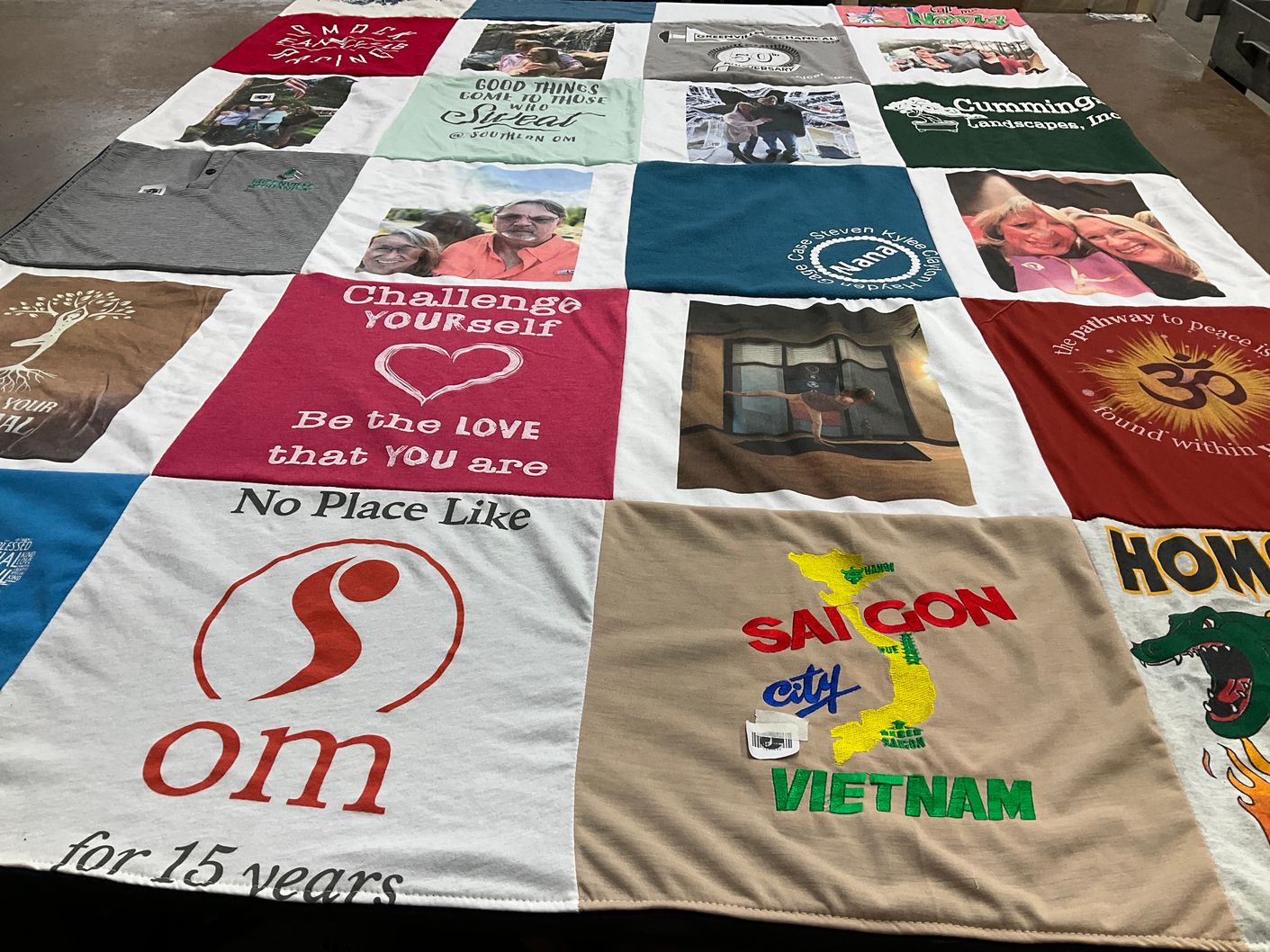 T-shirt quilt with community, wellness themes by Gail from SC