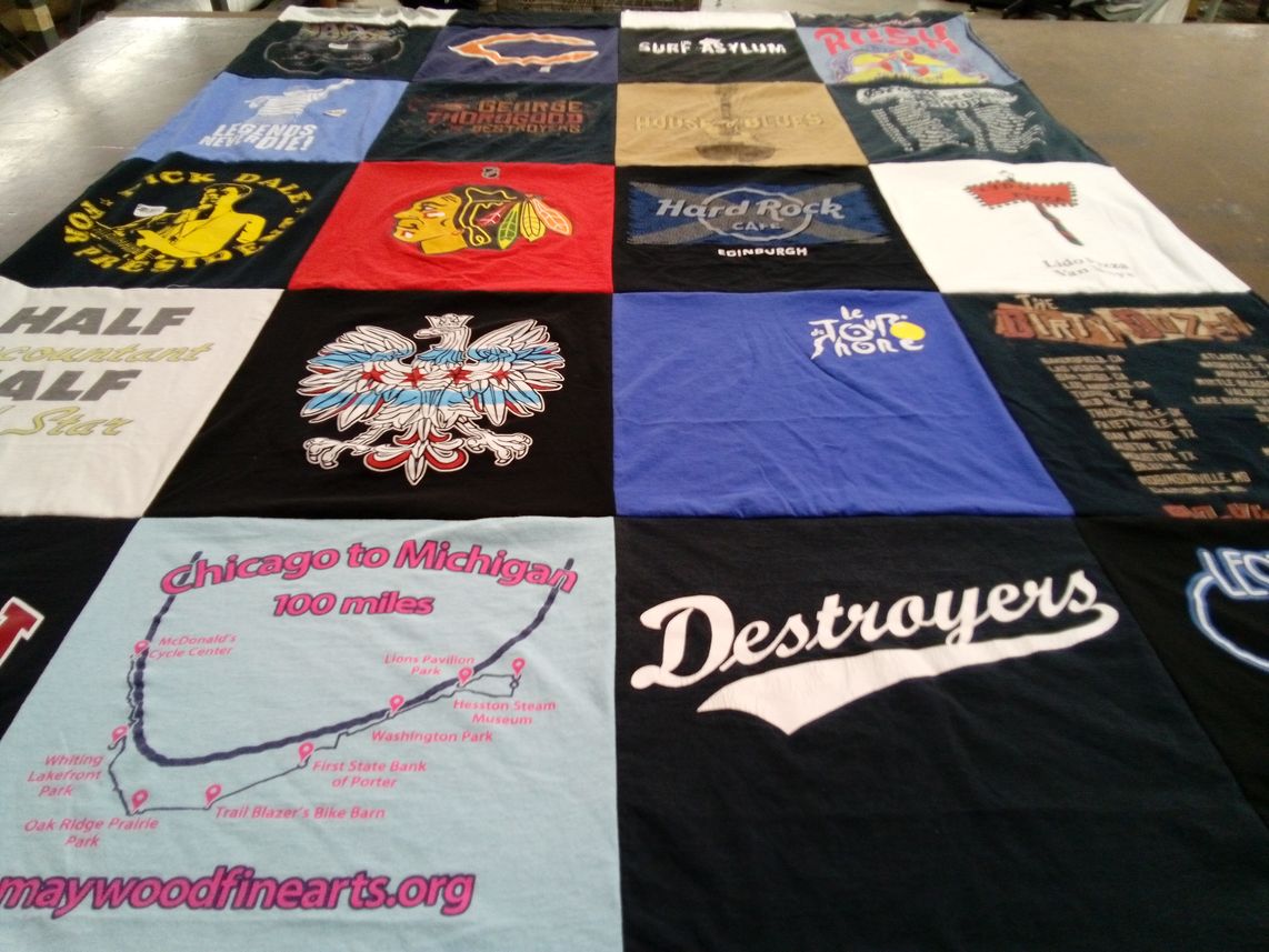 T-shirt quilt with music, biking themes by Jason from CA