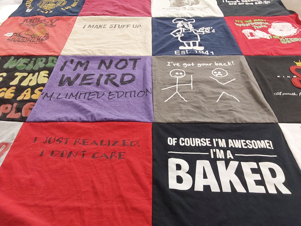 T-shirt quilt with baking, humor themes by Jennifer from TX