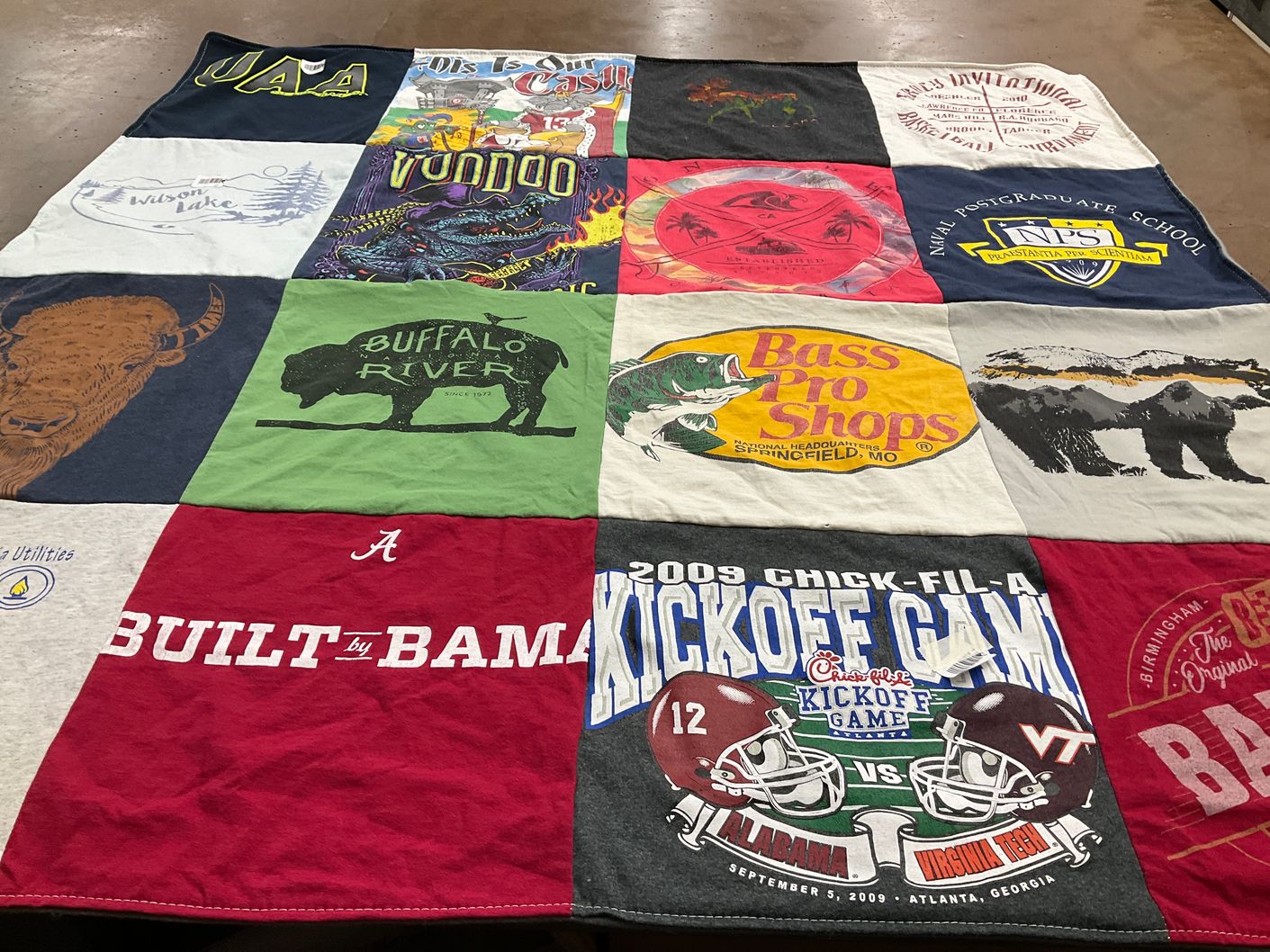 T-shirt quilt featuring university of alabama, virginia tech university by Kay from AL