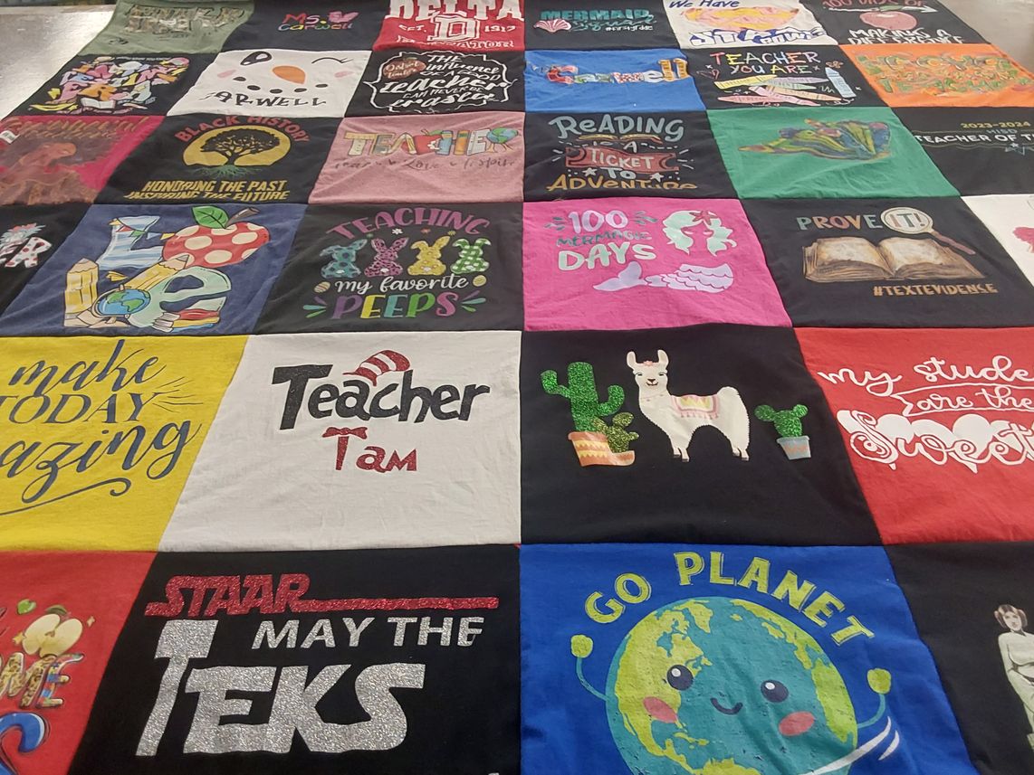T-shirt quilt with teaching, education themes by Neka from TX