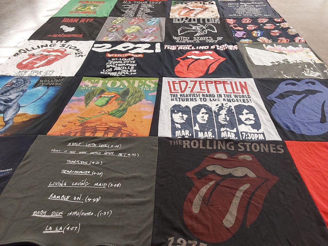 T-shirt quilt with music, rock themes by Nancy from NV