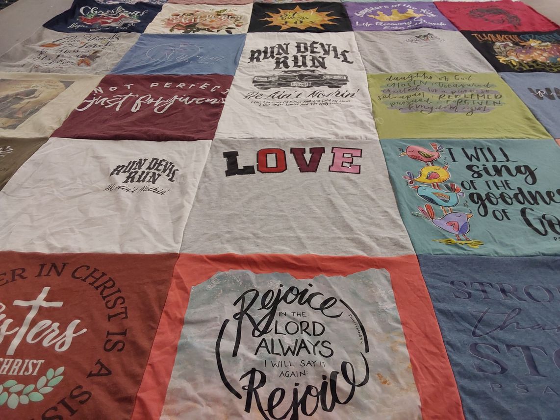 T-shirt quilt with faith, spirituality themes by Maria from TX
