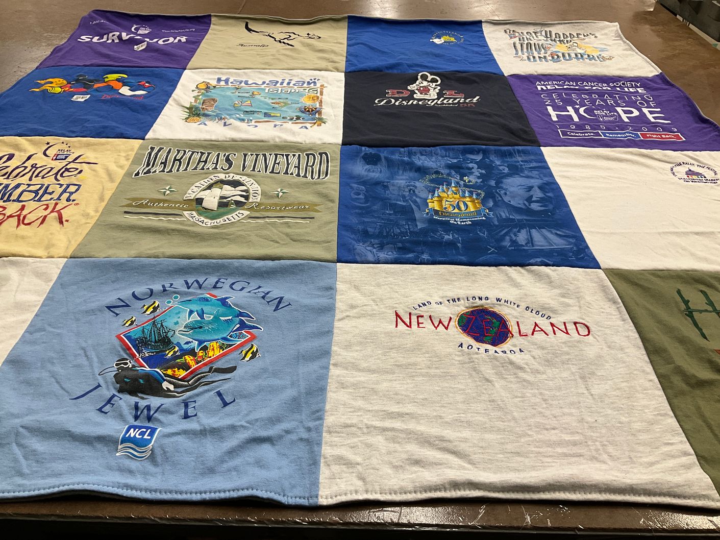 T-shirt quilt with travel, cruising themes by Dorlaine from CA