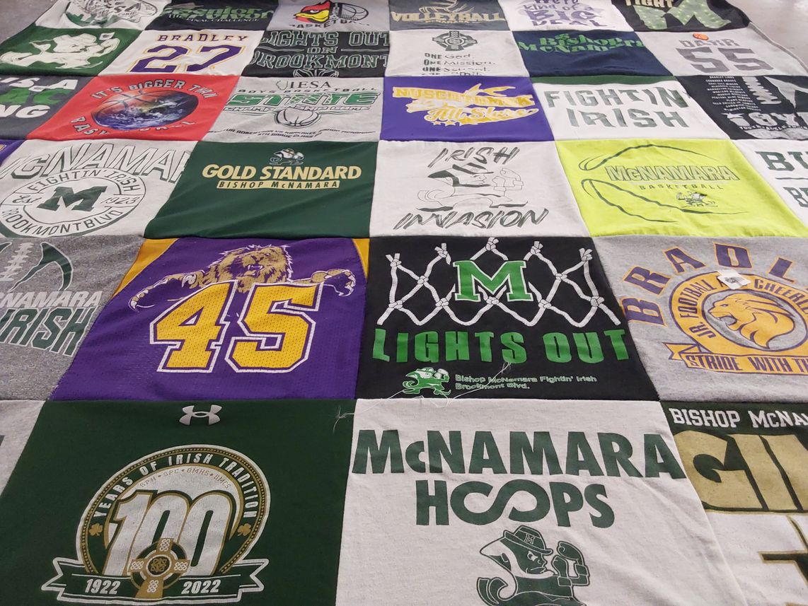 T-shirt quilt featuring bishop mcnamara flying irish, bradley university cheerleading by Samantha from IL