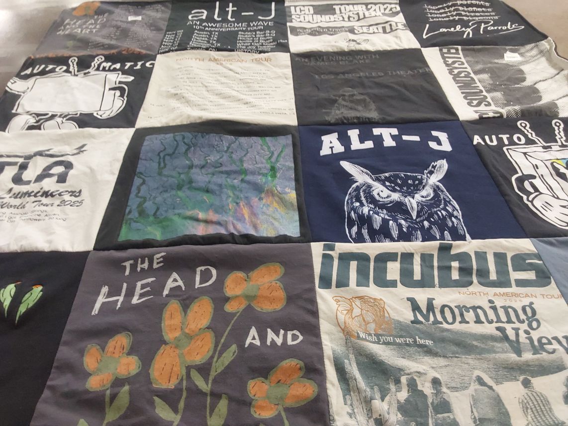 T-shirt quilt with music, concerts themes by Ashley from WA