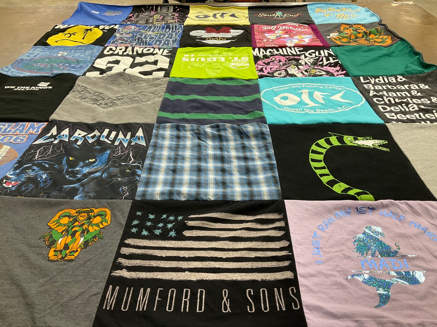 T-shirt quilt with fishing, marathons themes by Madison from NC