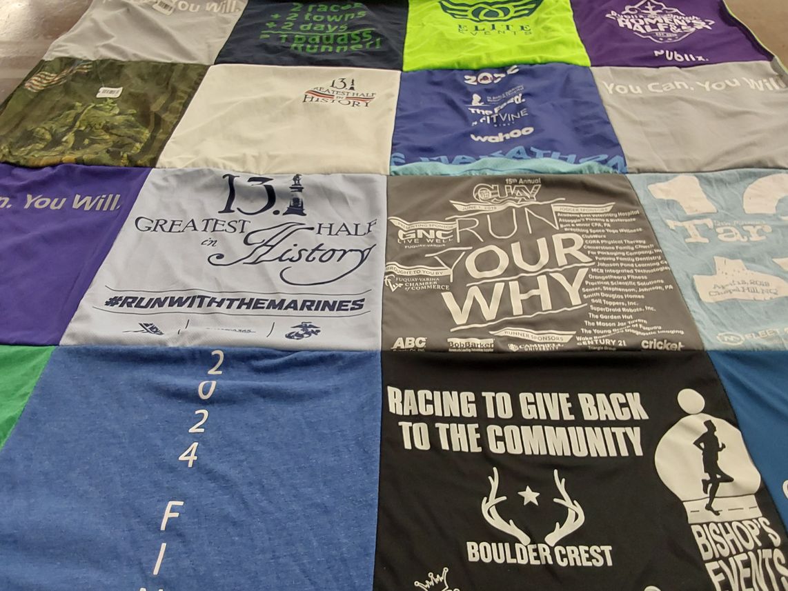 T-shirt quilt with running, charity events themes by Madison from NC