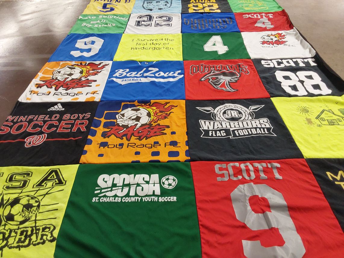 T-shirt quilt with sports, soccer themes by Whitney from MO