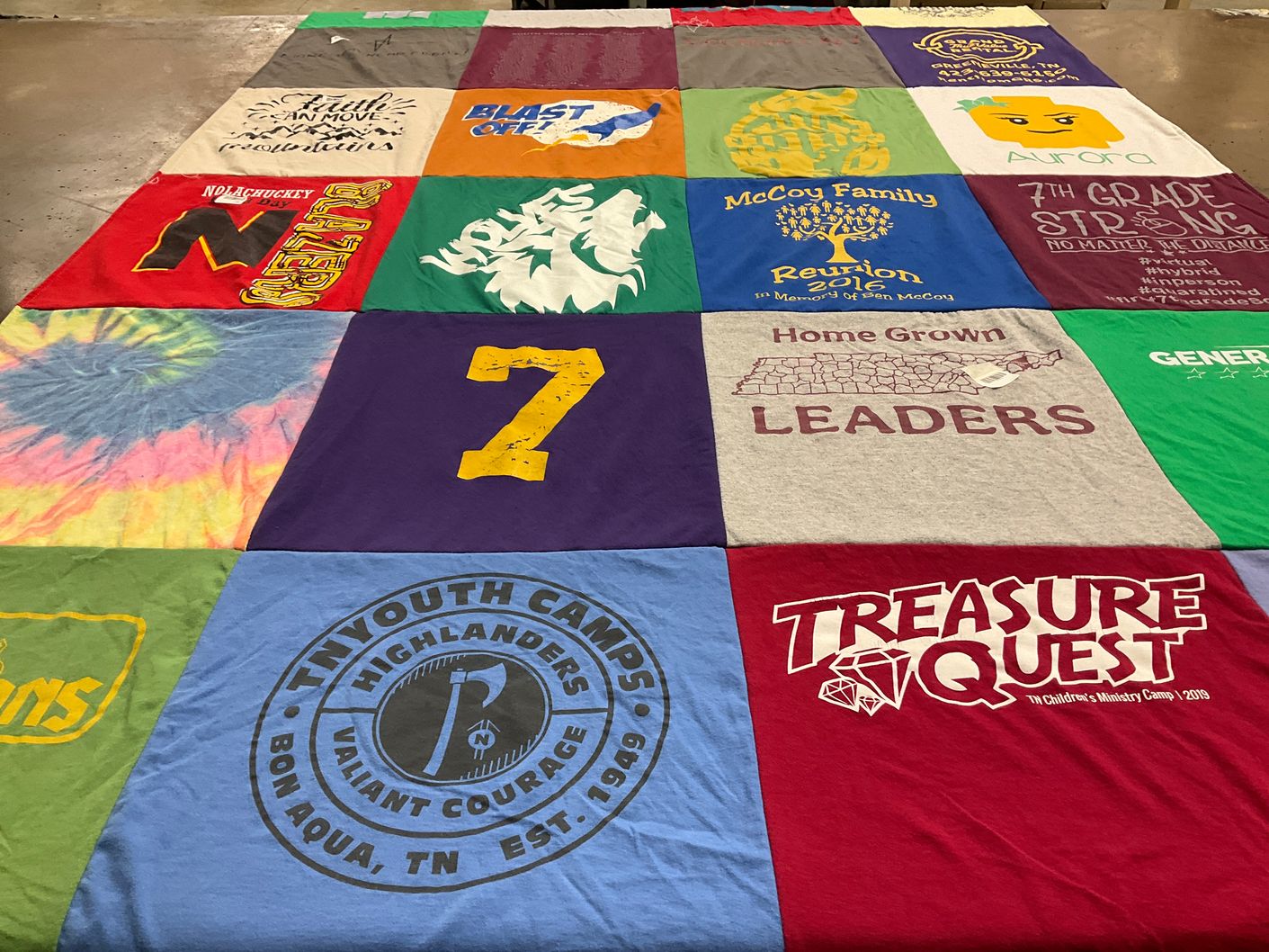 T-shirt quilt with family reunions, youth camps themes by Wendy from TN
