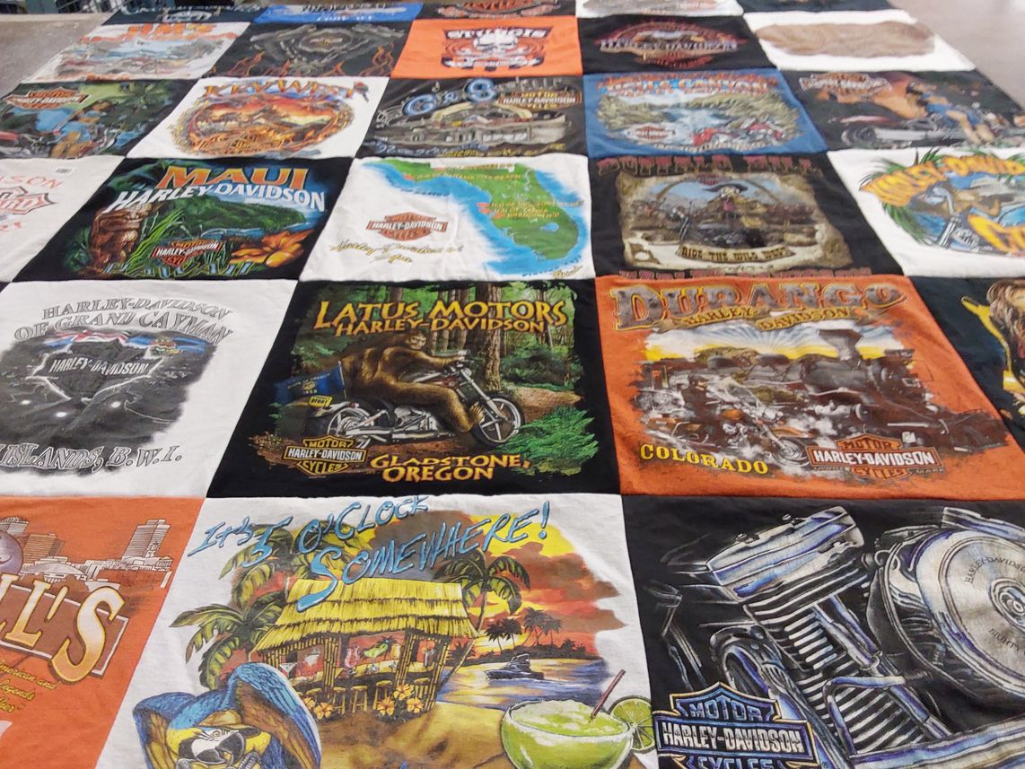 T-shirt quilt with motorcycles, travel themes by Janet from OR