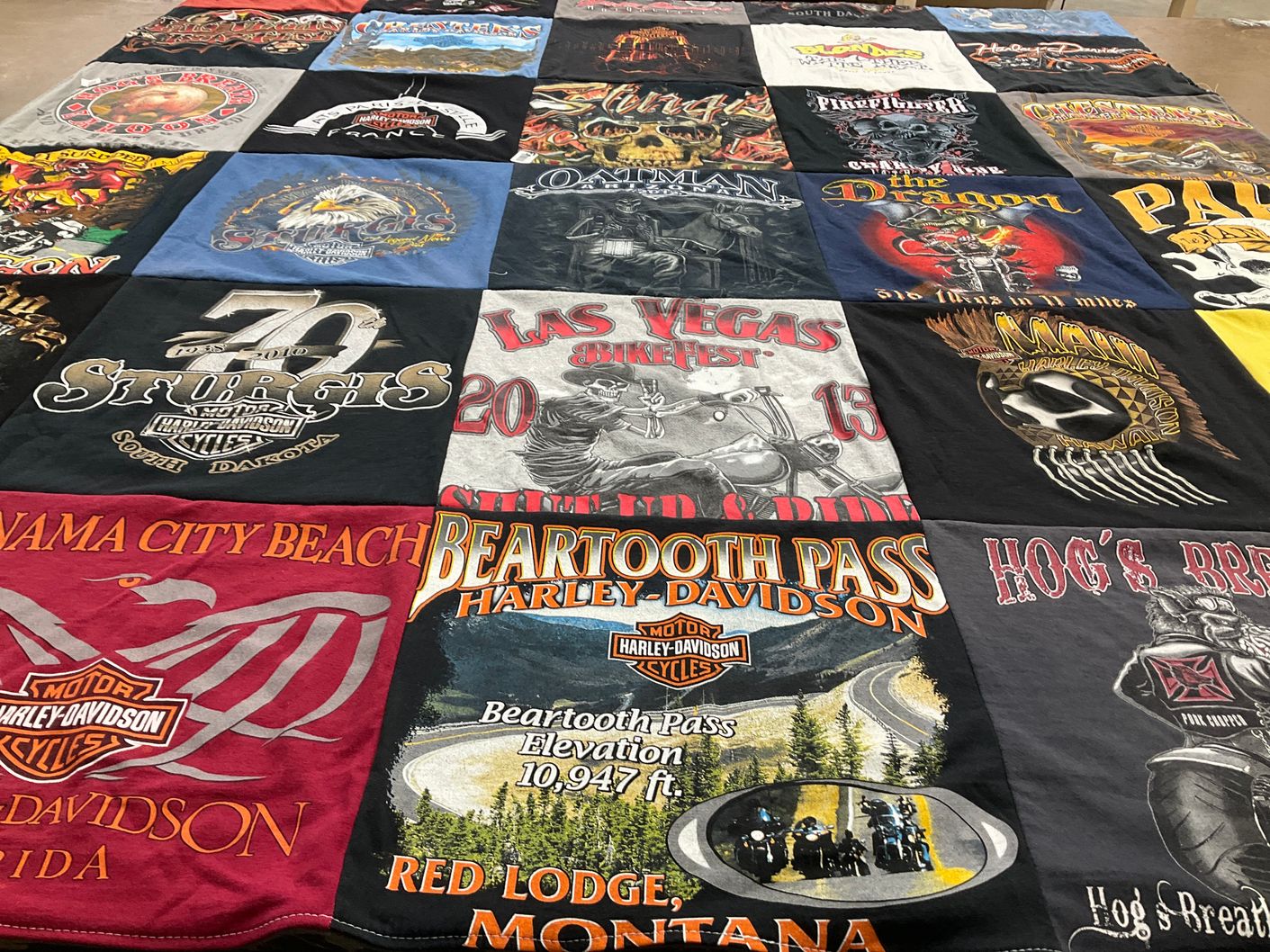 T-shirt quilt with motorcycles, biking themes by Sharon from AZ