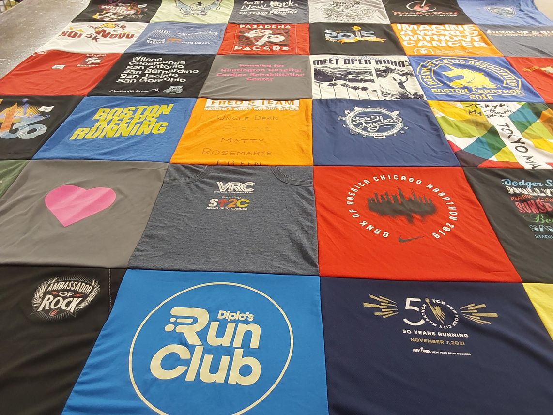 T-shirt quilt with running, cancer awareness themes by Bethany from CA