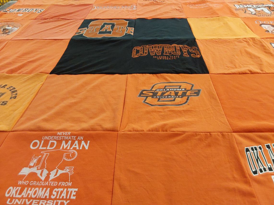 T-shirt quilt featuring oklahoma state university cowboys by Lance from OK
