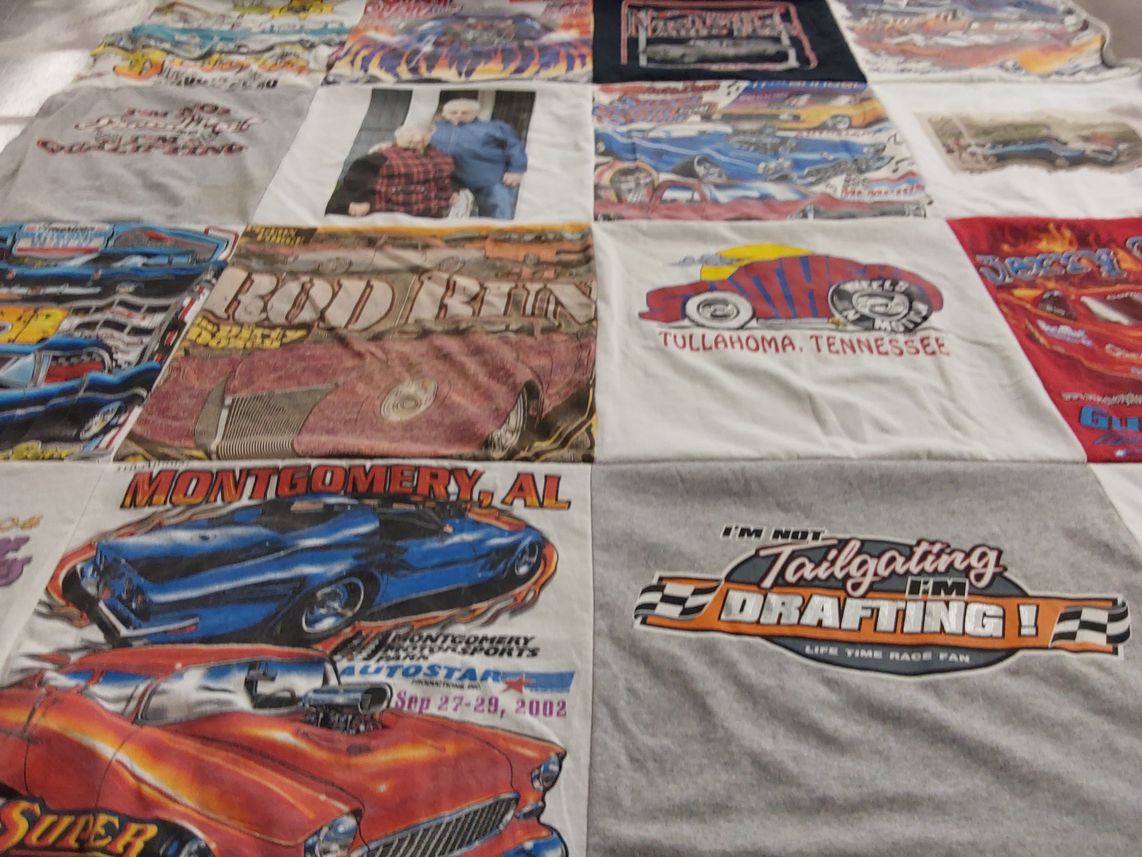 T-shirt quilt with cars, racing themes by Laura from TN
