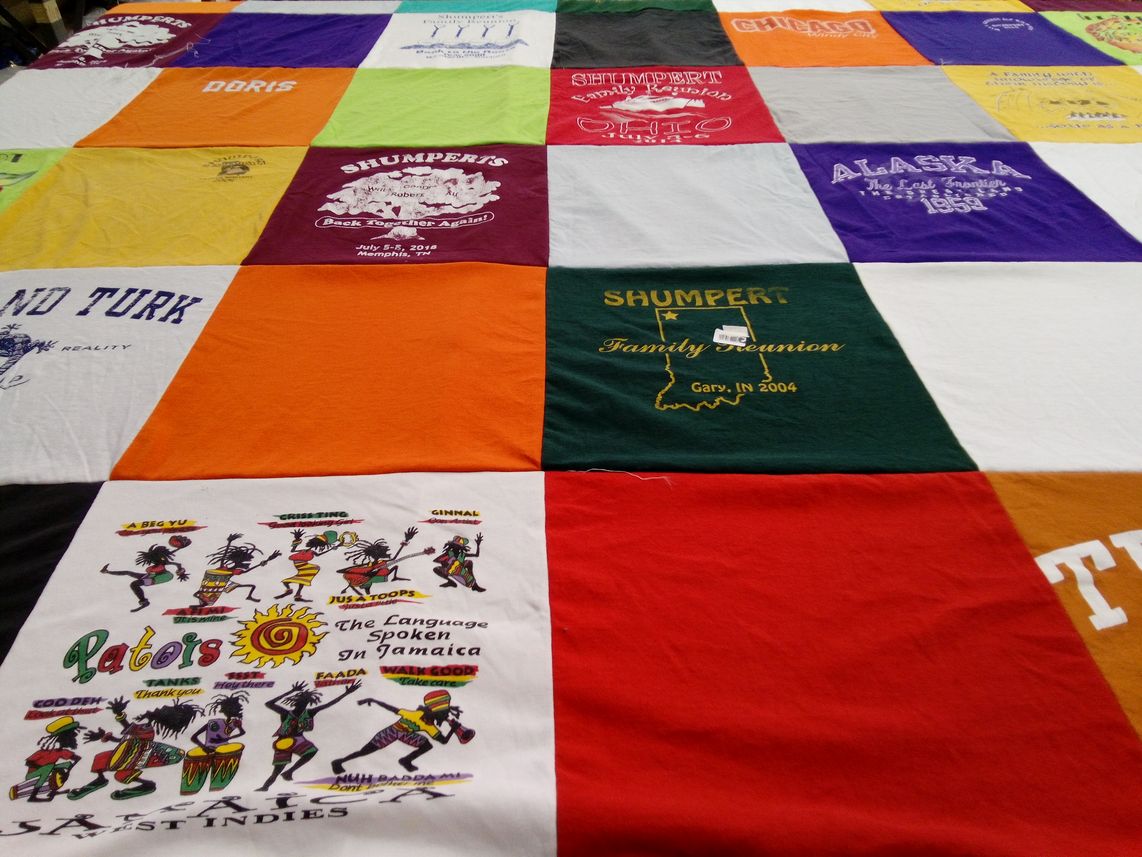 T-shirt quilt with family reunions, cultural traditions themes by Doris from TN