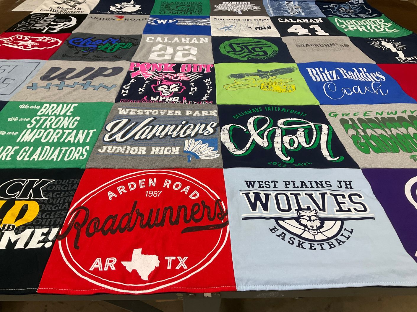 T-shirt quilt featuring west plains junior high wolves basketball, westover park warriors by Andrea from TX