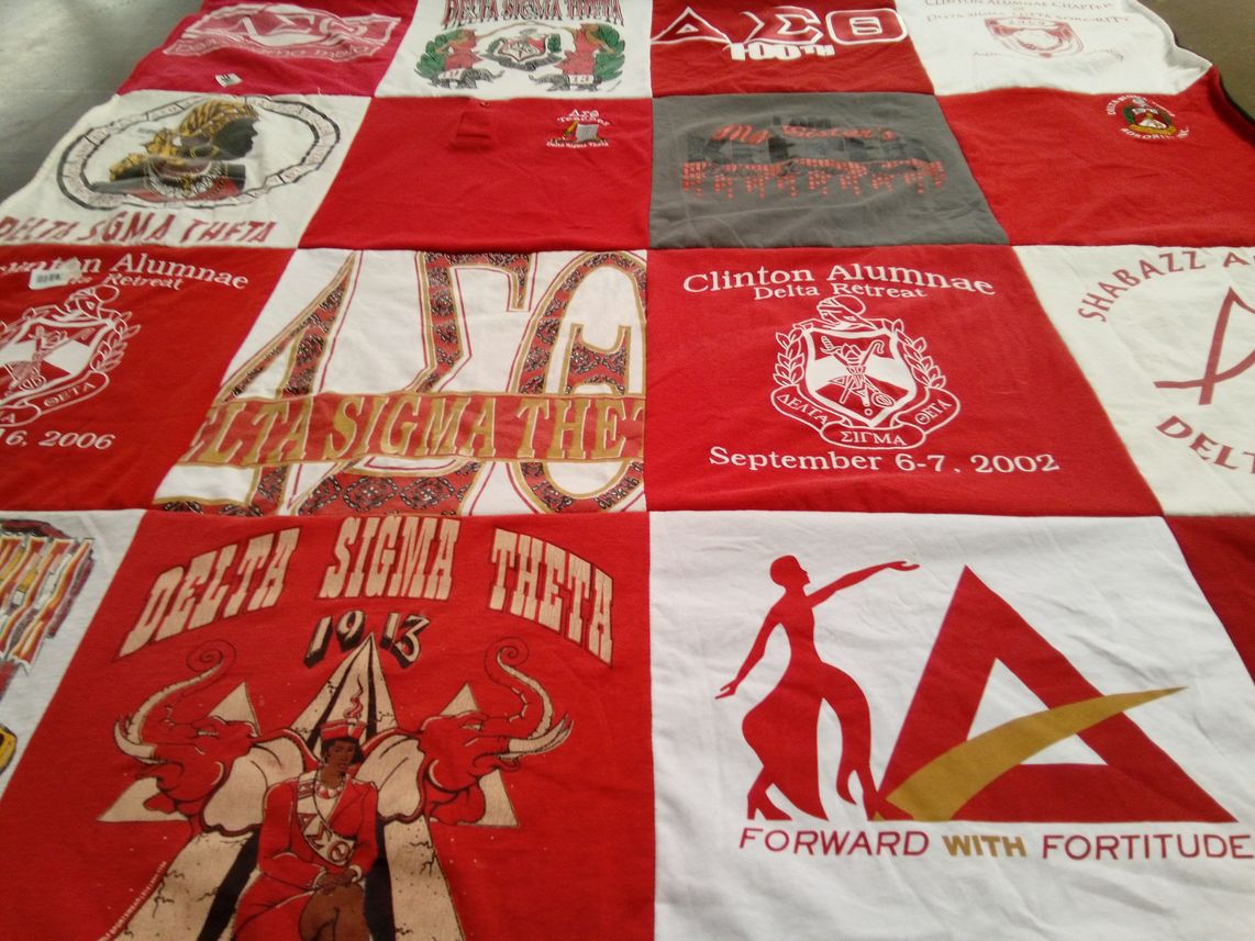 T-shirt quilt with sorority, community service themes by Hannah from NC