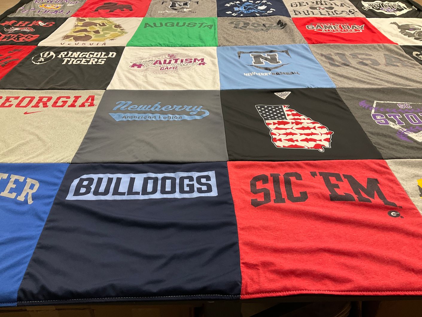 T-shirt quilt featuring ringgold tigers, uga bulldogs by Jessica from NC