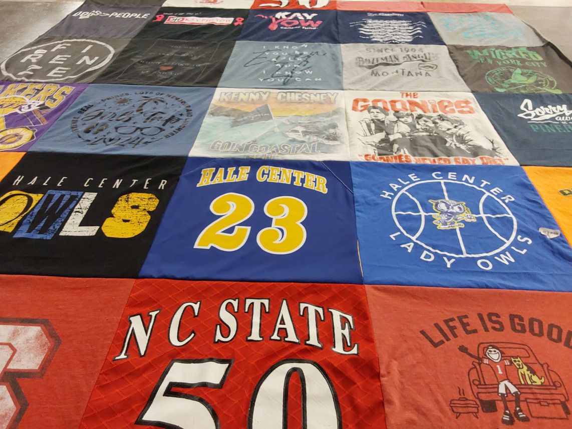 T-shirt quilt featuring hale center lady owls, nc state wolfpack by Linda from TX