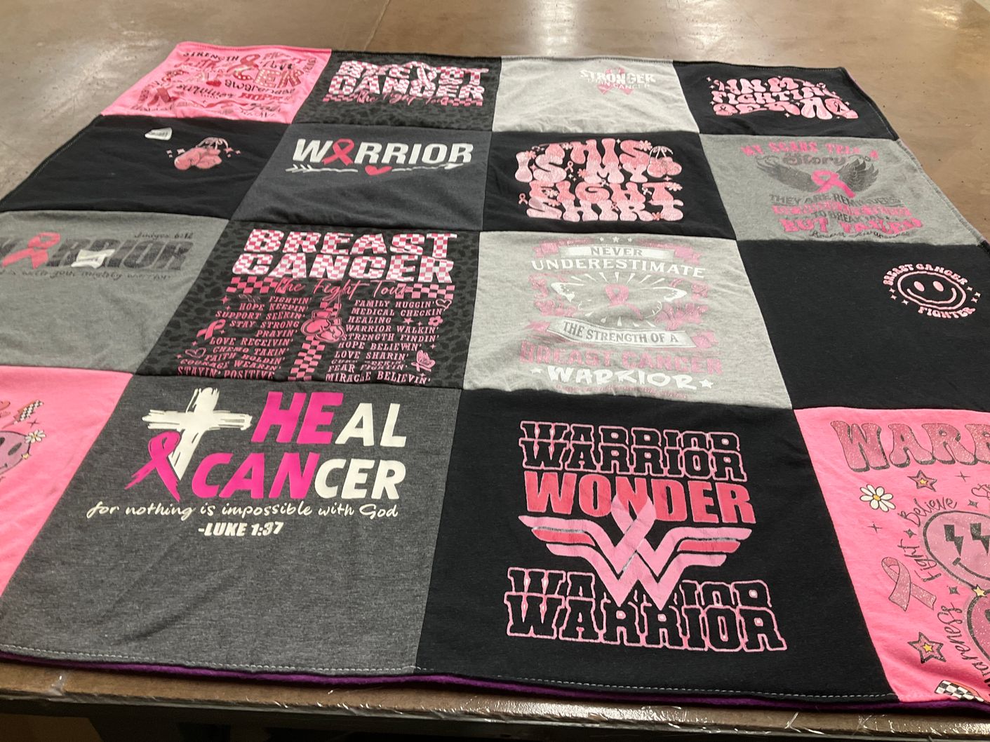T-shirt quilt with breast cancer awareness, support themes by Michelle from TX