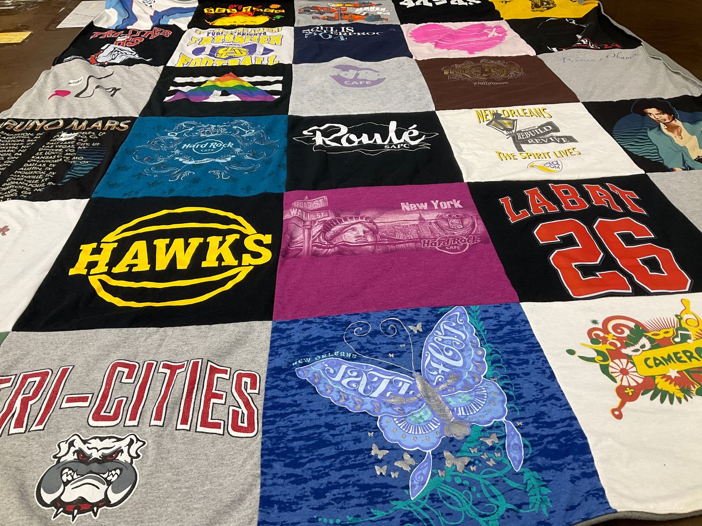 T-shirt quilt with music, sports themes by Denise from GA