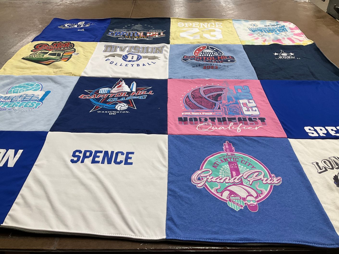 T-shirt quilt with volleyball, sports themes by Nancy from NY