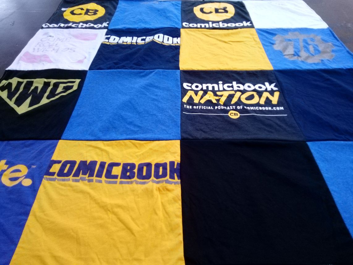 T-shirt quilt with comics, podcasts themes by Danielle from TN