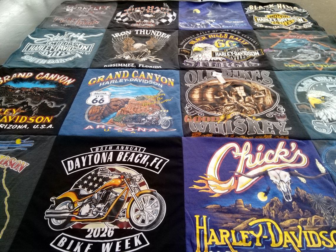T-shirt quilt with motorcycles, biking themes by Karen from KY