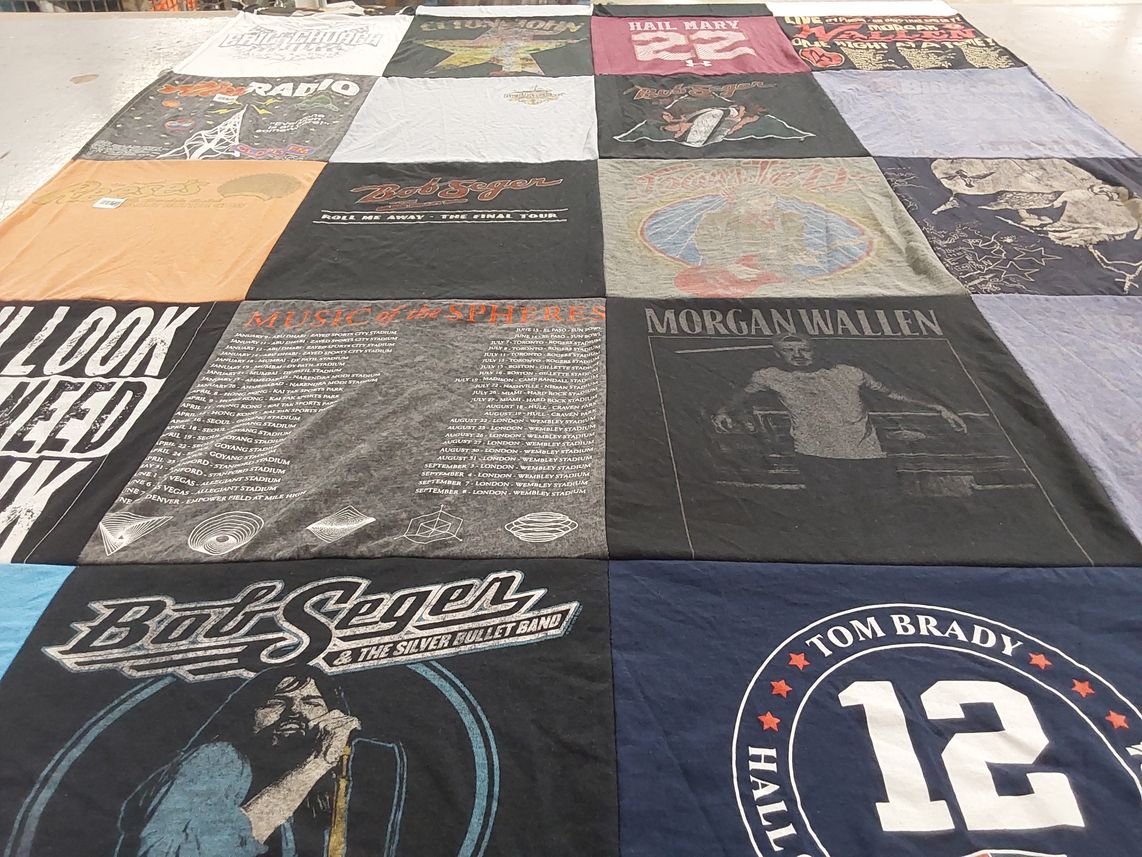 T-shirt quilt with music, rock themes by Heather from MA