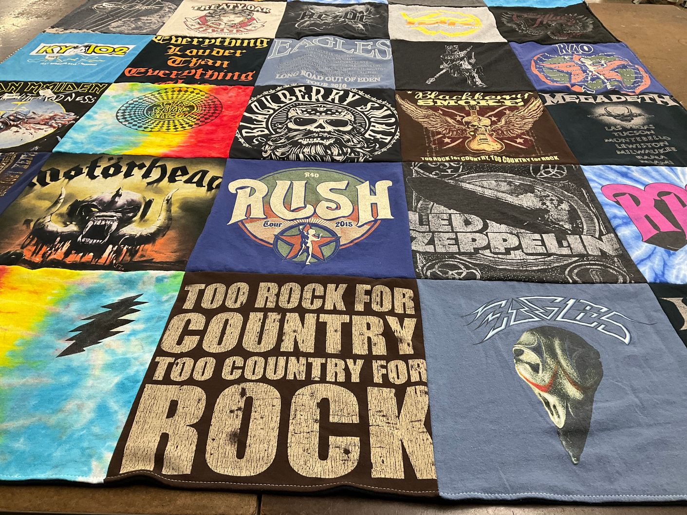 T-shirt quilt with music, rock themes by Sandra from MO