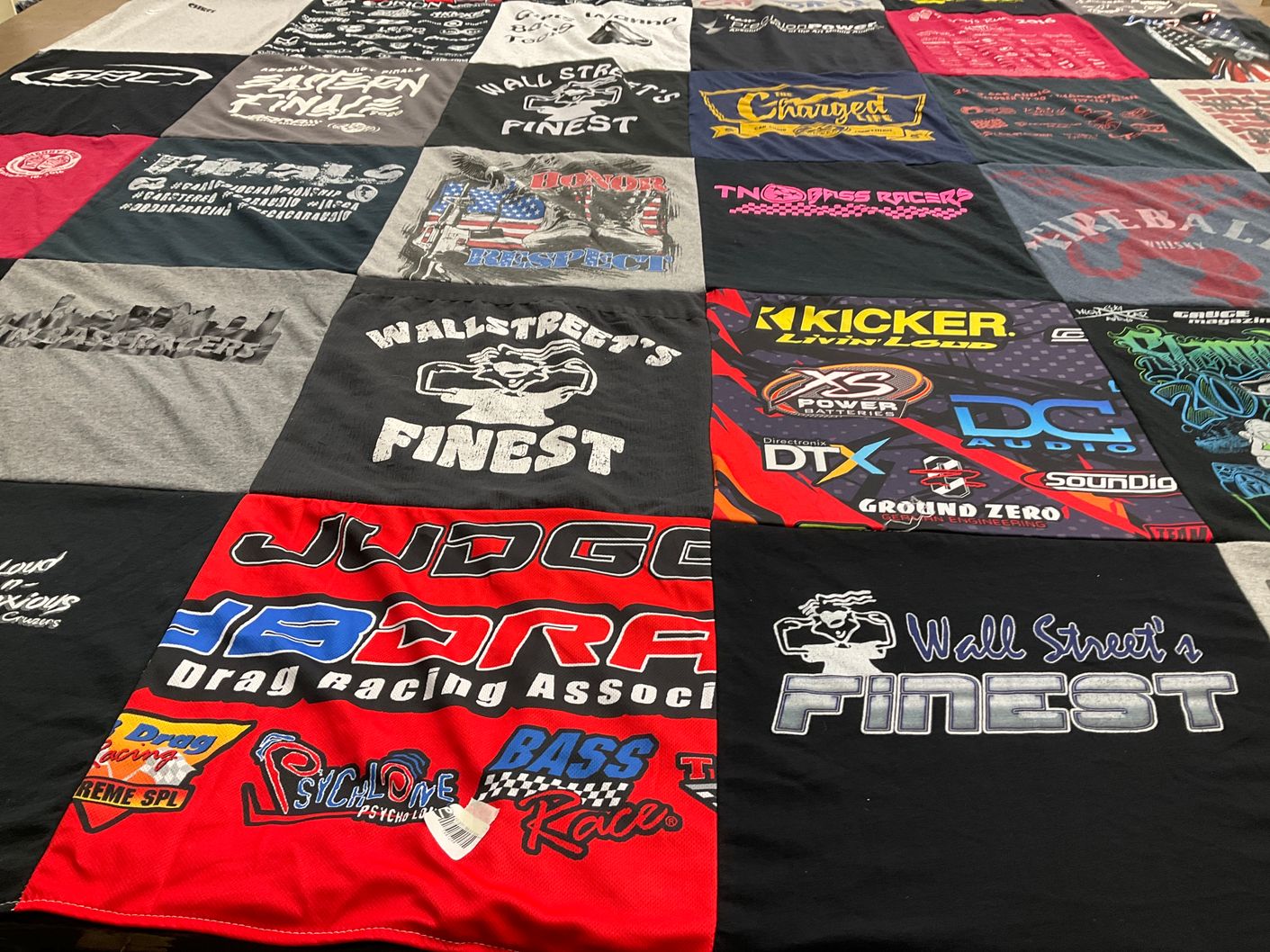 T-shirt quilt with drag racing, car audio themes by Carol from TN